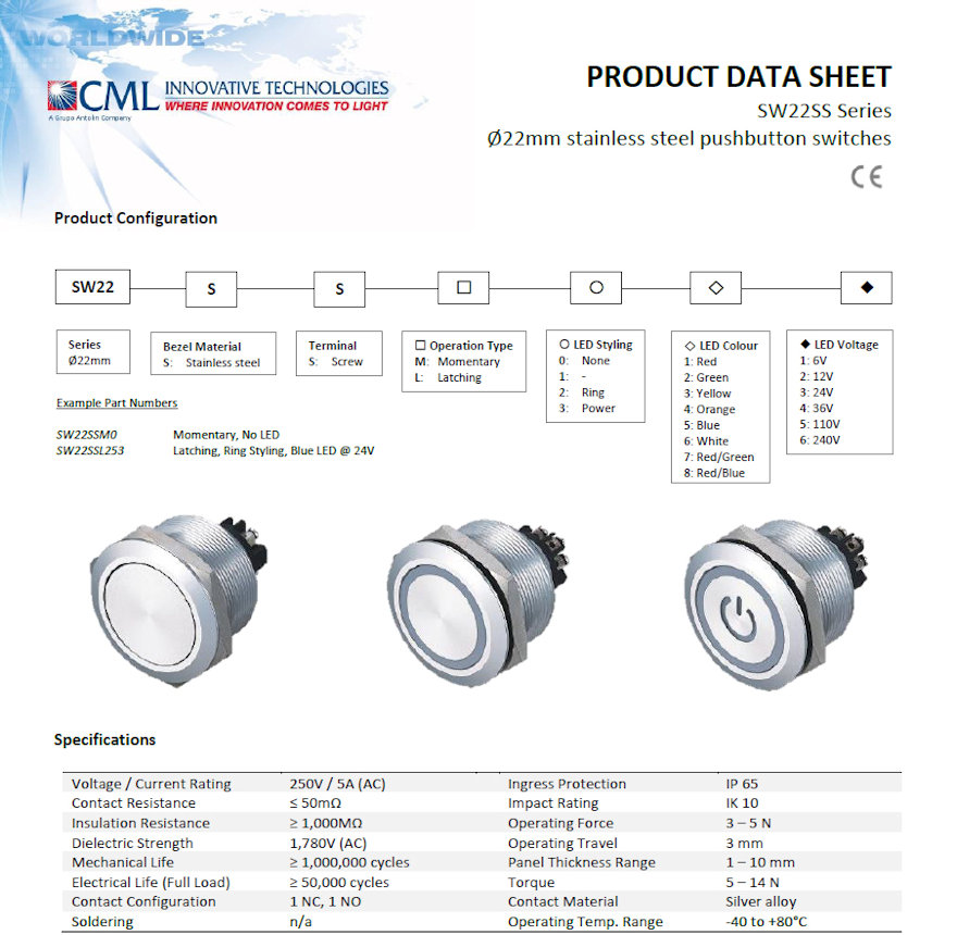 CML Pushbutton SW22SS